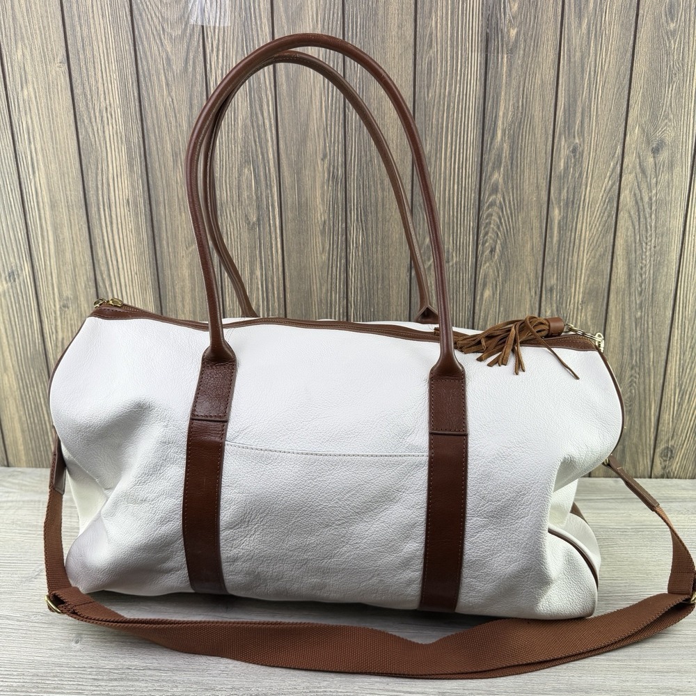 Mark & Graham M+G White Brown Large Weekender Duffle Travel Shoulder Bag Tassel